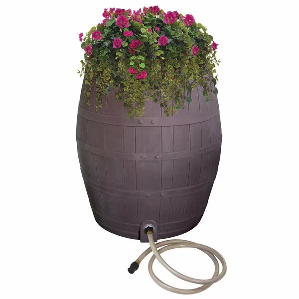 50-Gallon Whiskey Rain Barrel, Planter, Diverter, Outlet Hose, Flatback Design, Brown, Emsco Group, Mfr#: 2242-1